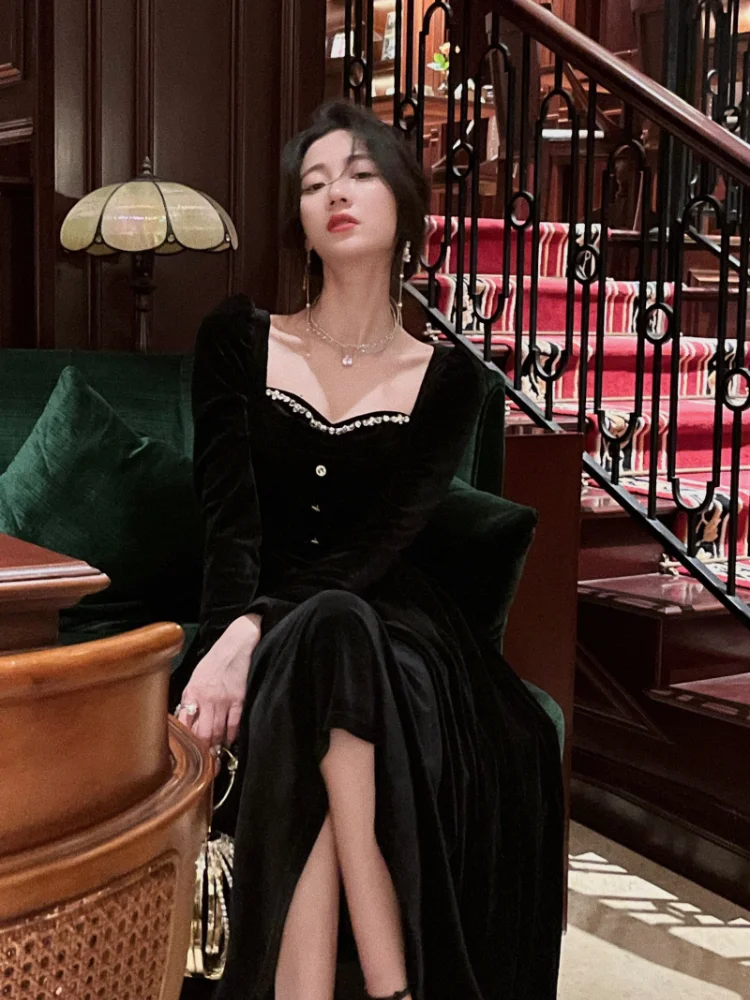 Elegant Wedding Party Black Velvet Midi Dresses for Women 2023 Autumn Square Neck Long Sleeves Evening Prom Mini Female Clothing