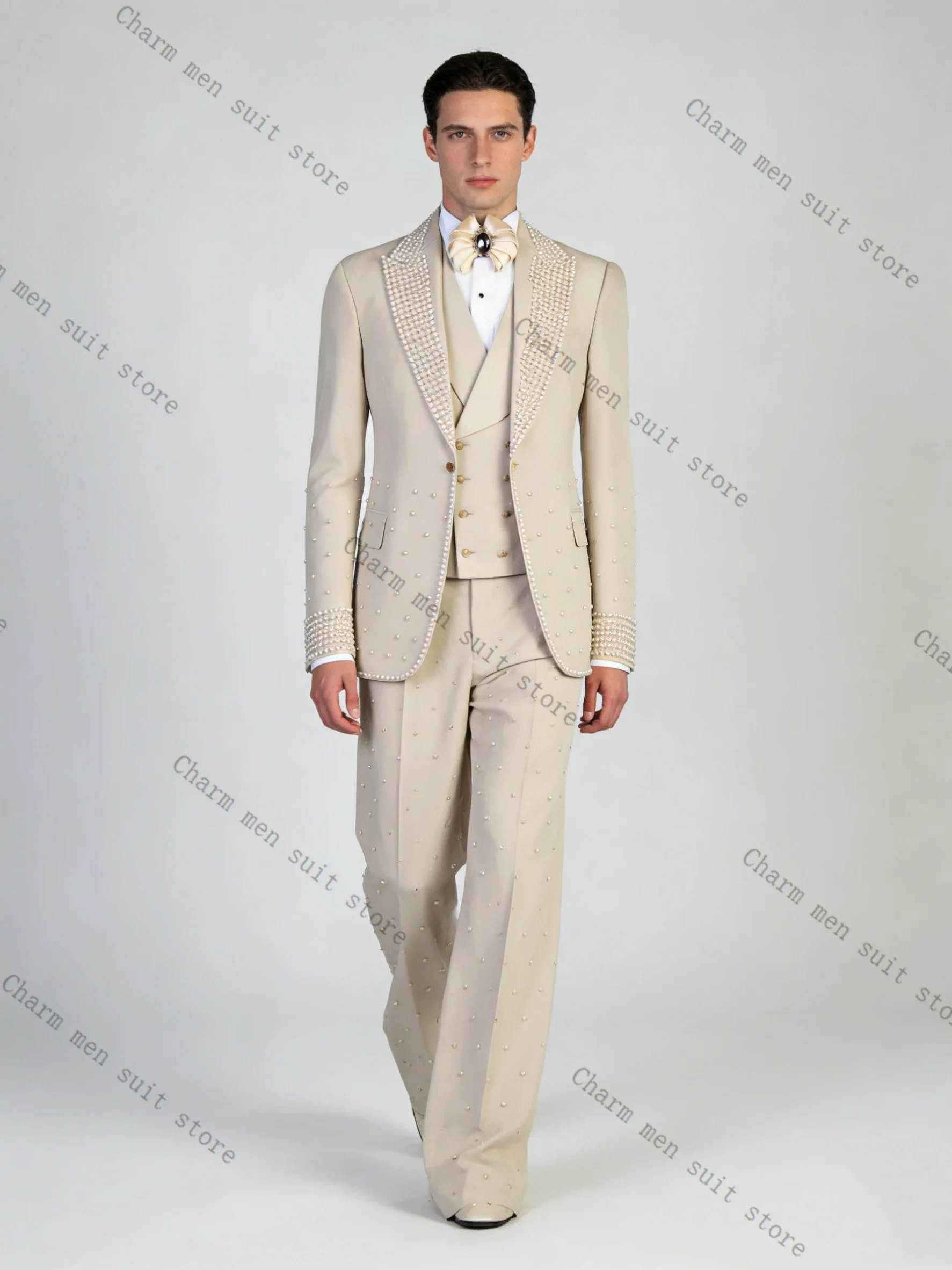 Beige Glitter Crystals Men Suits Set 2 Pcs Blazer+Pants Trousers Luxury Wedding Tuxedo Formal Office Business Groom Jacket Coat