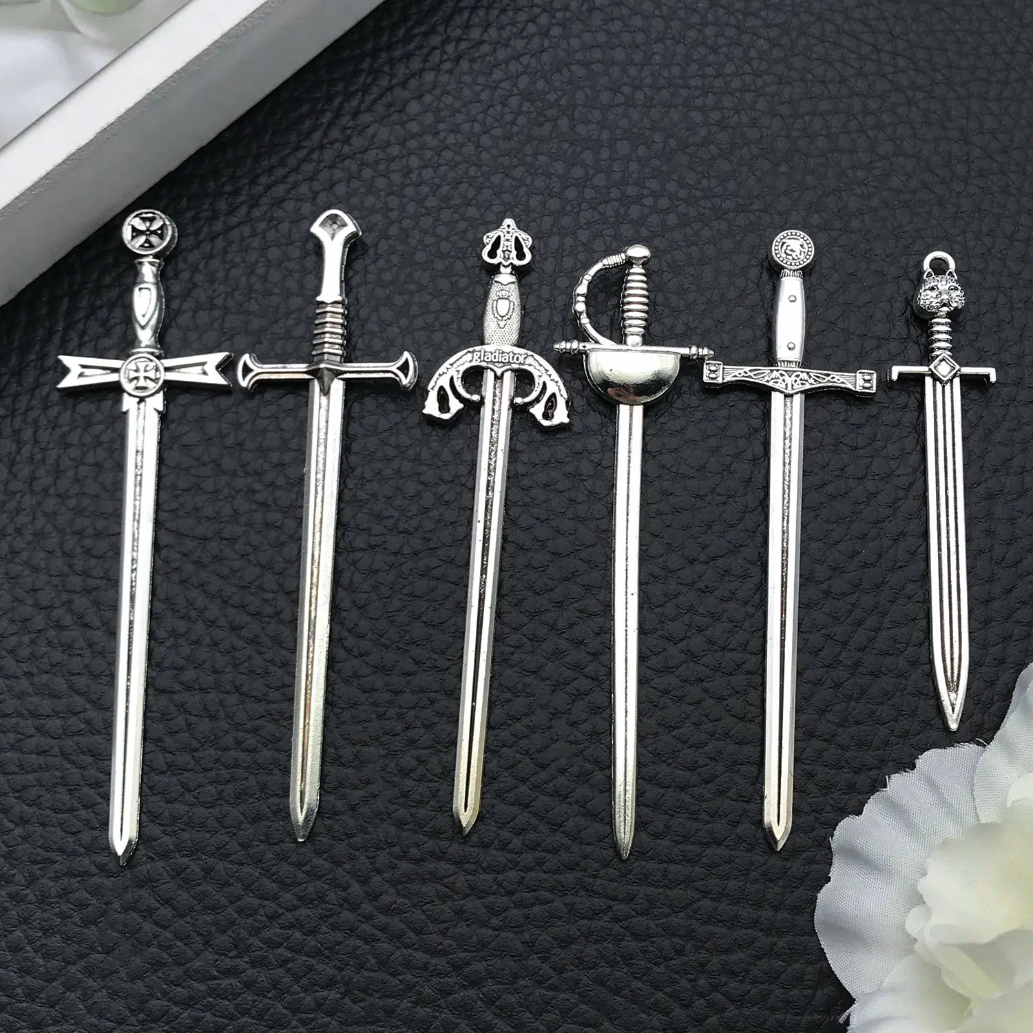 6pcs/lot Medieval Sword Charms Bulk - Antique Silvery Knight Gladiator Charms Pendants for DIY Jewelry Making Accessories
