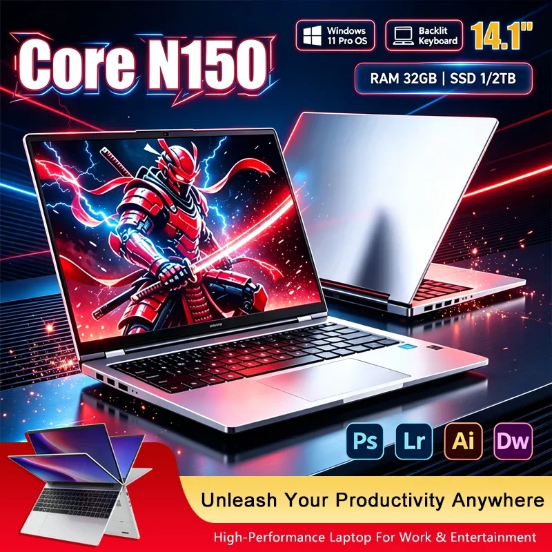 New 14.1' Laptop Intel Core N150 16GB 32GB 2TB Gaming PC Ultra Slim Office Study Computer PC Windows 11 Pro 1920*1080 HD