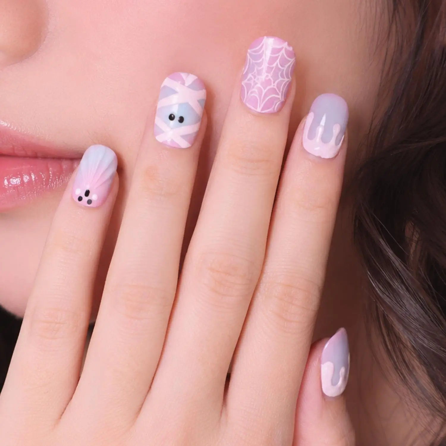 24pcs Sweet False Nail Detachable Fake Nails Tips Cute Ghost Cat-Eye Spider Web Mummy Halloween Design Full Cover Press on Nails
