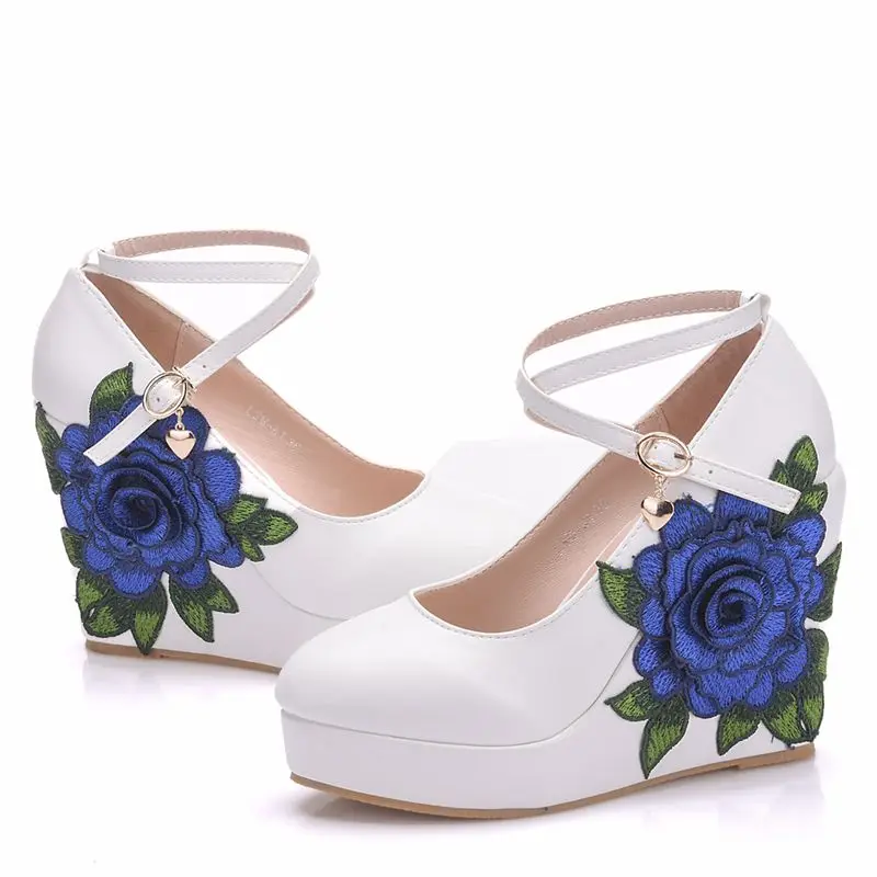 Damen Plateau-Keilabsatz Pumps Geschlossene Runde Spitze Schnallen-Knöchelriemen High Heels Damen Casual Abendschuhe – Detail 8