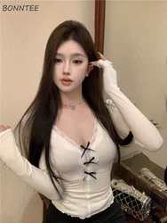 V-neck T-shirts Women Skinny Sexy Temper Korean Fashion Lace Patchwork Spring Autumn Basic Clothing Y2k Tops Hotsweet Daily Ins