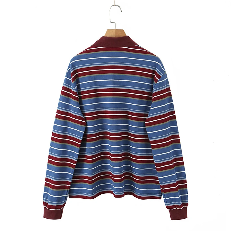 가을 여성 긴팔 라펠 칼라 스트라이프 티셔츠 면 루즈 캐주얼 티