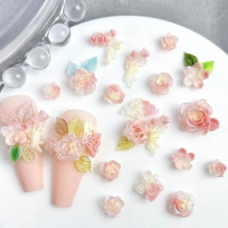 

Resin Luminous Rose Camellia Nail Charms with Shimmering Petals Sweet Style Flower Mixed Nail Art Decorations for Manicure DIY