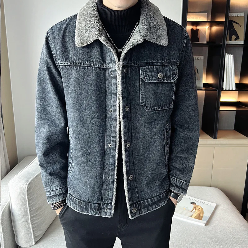 2024 Men's New Winter Lambskin Denim Jacket Fleece-Lined Lapel Leisure Warm Jacket