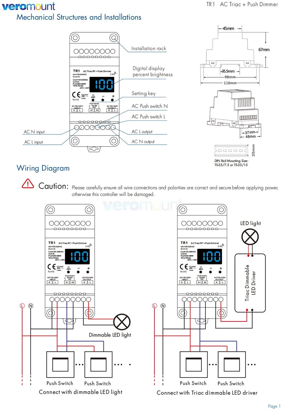 Skydance TR1 AC Triac LED Dimmer 220V 110V Wireless RF 2.4G Remote Control Dimmable Push Switch Smart Dimmer Switch for LED Lamp