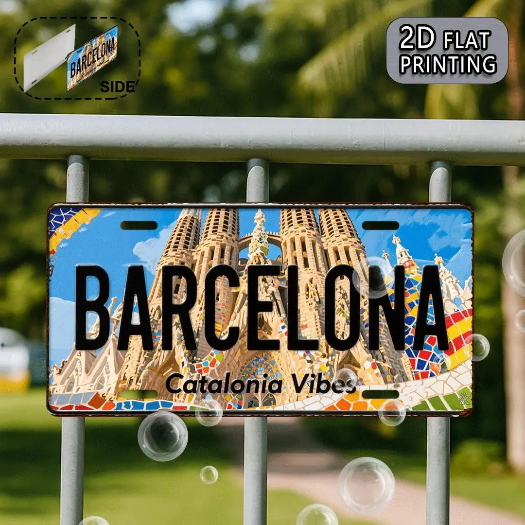 2D Flat, 2D Flat Surface, 2D Flat Printing. 1pc. Barcelona Vintage Metal Aluminum License Plate. Decorative Sign 11.9x6 Inches,