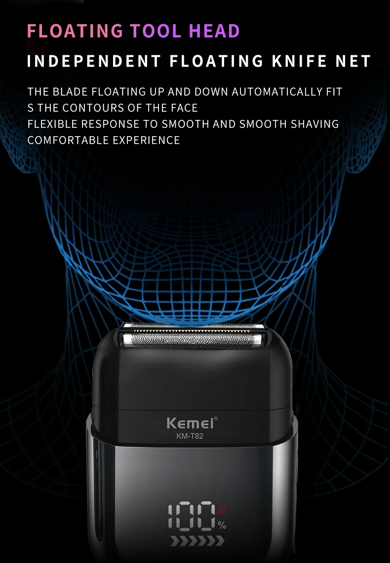 Kemei T82 Professioneller wasserdichter Elektrorasierer, wiederaufladbare Rasiermaschine für Männer, Digitalanzeige, Bartschneider, Mini-Rasierer – Detail 5