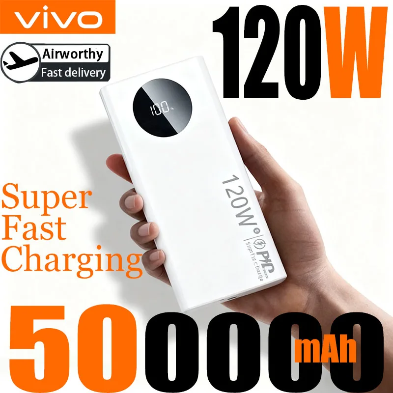 باور بانك VIVO 500000mAh 120W عالي السعة، شحن سريع للغاية، شاشة رقمية متوافقة مع هاتف IPhone Samsung Xiaomi