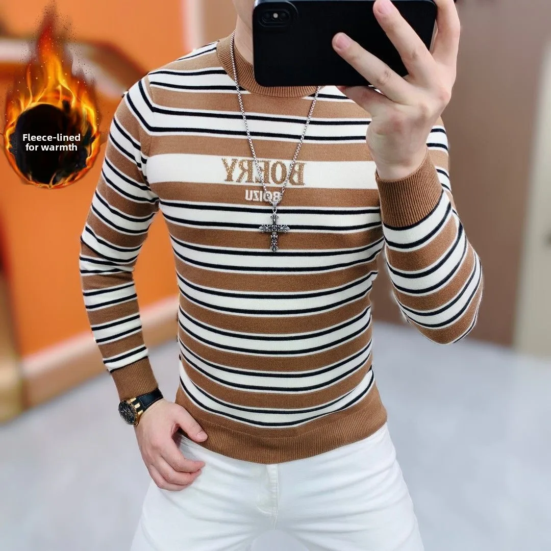 

Autumn Winter Men's Comfortable Fit Hoodie Stripe Design Long Sleeve Thermal Base Layer T-Shirt Casual Style Polyester Fabric