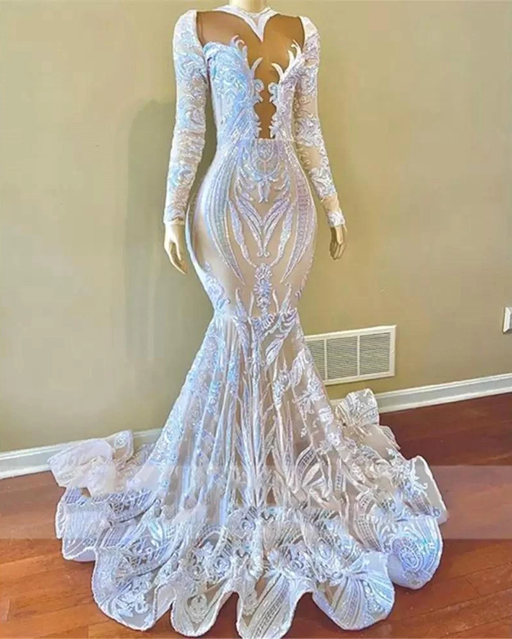 Brilhante lantejoulas vestido de baile renda manga longa o pescoço sereia sem costas formal festa de casamento vestido de noite feito sob encomenda