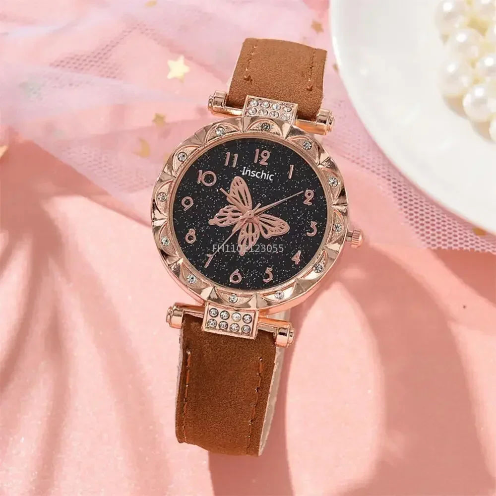 Jam tangan wanita, 1/2 buah jam tangan wanita Set jam tangan kuarsa kristal berlian imitasi mutiara kuarsa kupu-kupu Gelang Set tanpa kotak