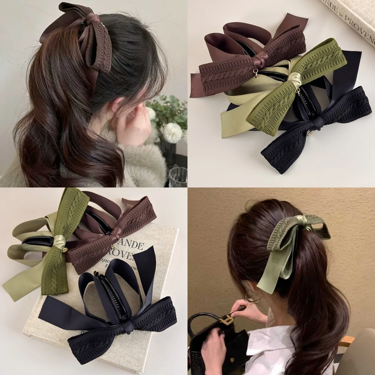 Herbst-Winter Melange~Retro Strick-Bananenklammer mit Schleife für Damen, große rutschfeste Haarspange mit hohem Pferdeschwanz und gedrehtem Haar