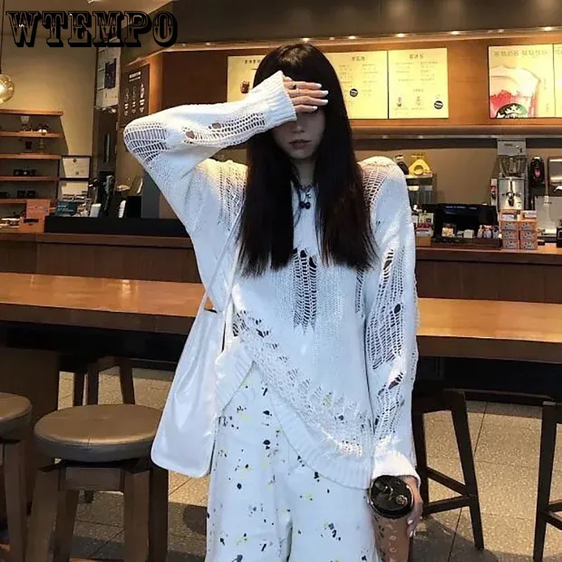 Gothic Punk Hole Sweaters Women Streetwear Harajuku Sweaters Hollow Out Broken Knitted Jumper Woman Pullover Sweater Wholesale