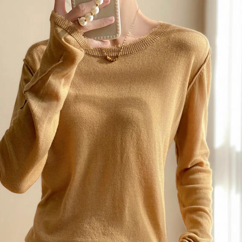 Hot Sale Spring/Summer Single Yarn Worsted Wool Fashion Loose Knit Top Lightweight Comfortable Soft Waxy Sweater Long Sleeve