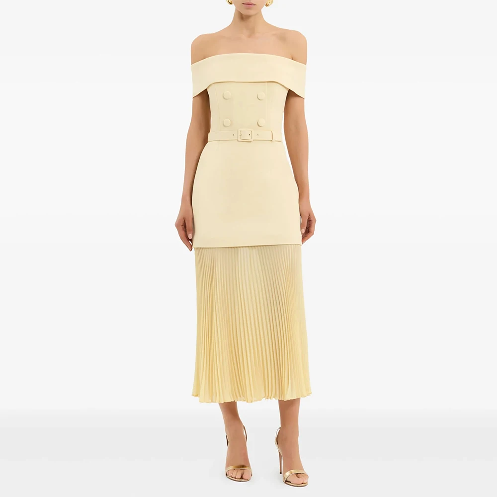 

Customized Modern Party Dress Off the Shoulder Tea Length 2 Pieces Cocktail Dresses for Women Pleated Chiffon Midi Cocktail Gown