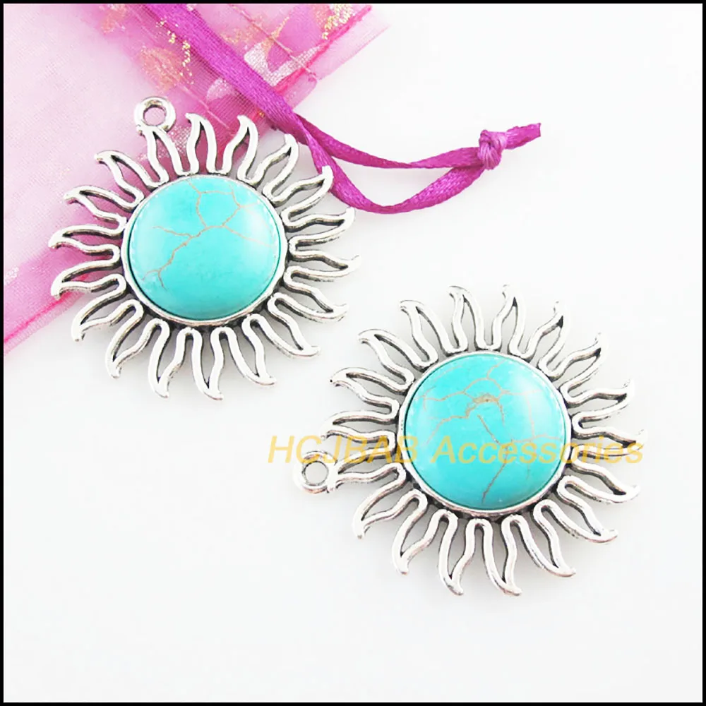 2Pc Retro Tibetan Silver Sun Flower Charms Pendants 42.5x46mm