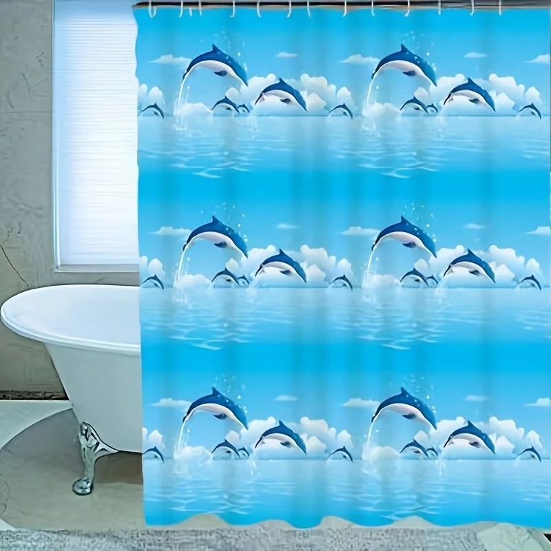 

Cute Blue Dolphins Jumping Over Ocean Waves Cartoon Sea Life Decor Shower Curtain