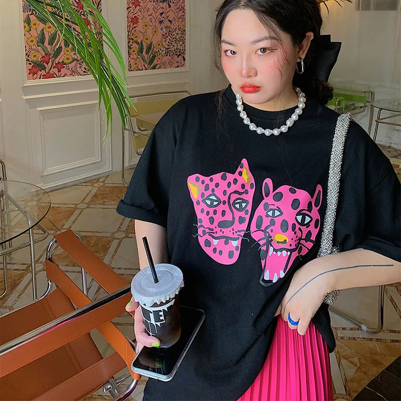 Kpop Pink Leopard Printing Women Summer Street Fashion Black T Shirts Short Sleeve Loose Cotton Tops 90s Y2K Tee Shirts