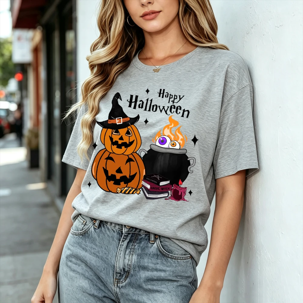Happy Halloween Pumpkin Witch Cauldron Graphic Shirt Spooky Magic Book Candle Halloween Party Tee Unisex Fall Halloween Gift Top