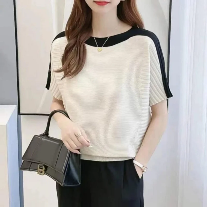 

Sunken Stripe Batwing Shirt Knitwear Thin Western Style Color Matching Summer New Ice Silk Short Sleeve Top Women's Loose