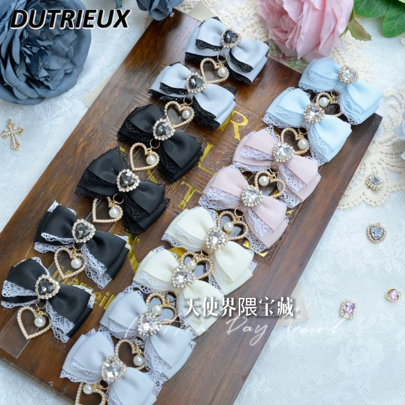 Japanese Mines Mass-produced Love Pearl Rhinestone Hair Accessories Lace Bow Hairpin Pair Clip Girl Versatile Hairclip