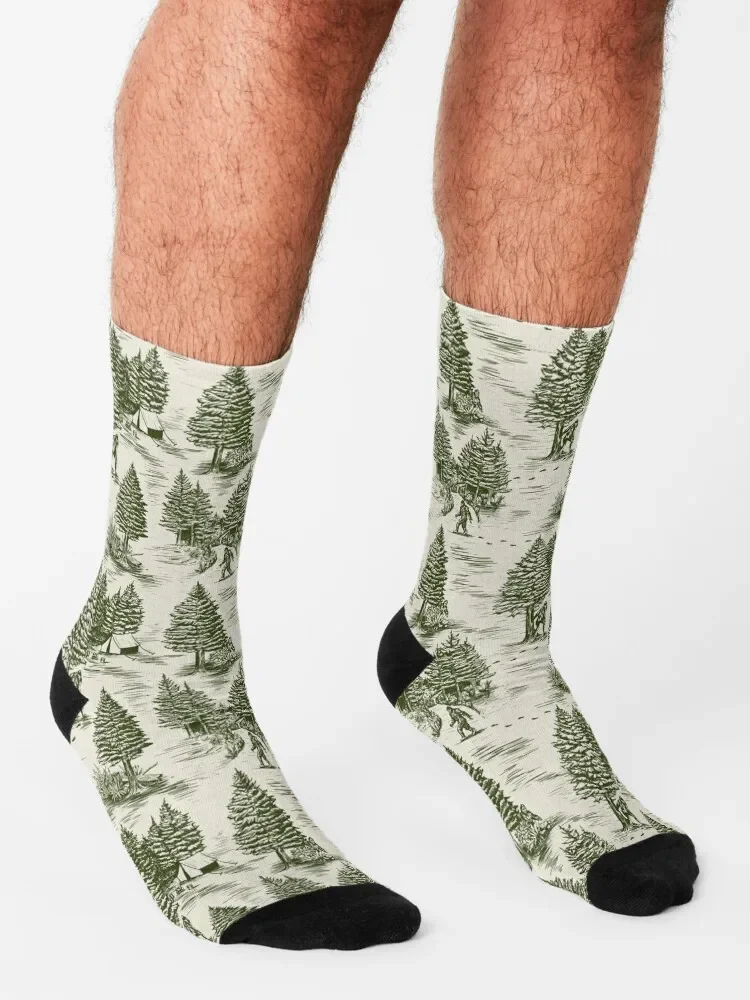 Bigfoot / Sasquatch Toile de Jouy in Forest Green Socks FASHION Wholesale Mens Socks Women\'s