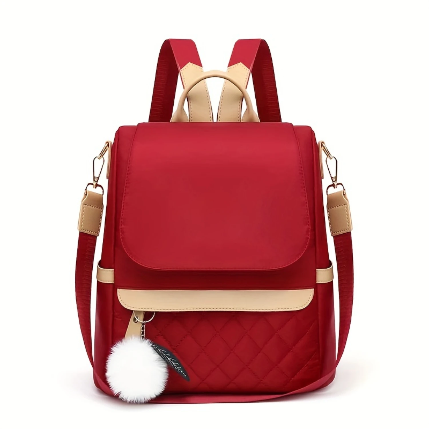 

Flap Backpack Purse, Women's Nylon Travel Shoulder Bag, Casual Pompom Decor Bookbag