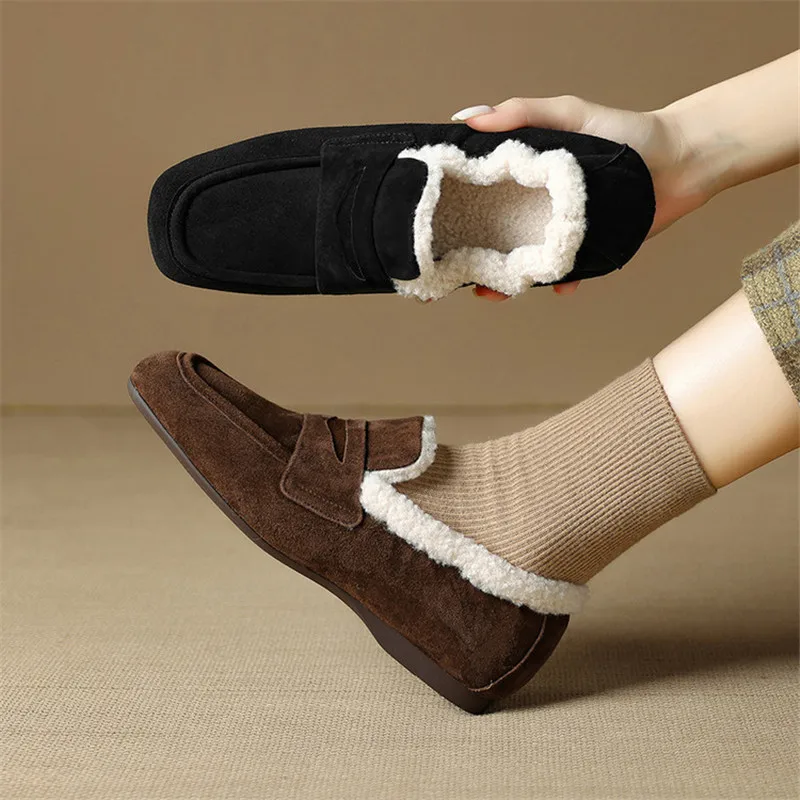 

New Autumn/Winter Sheep Suede Women Shoes Fashion Square Toe Shoes for Women Low Heels Women Pumps Leisure Loafers Handmade