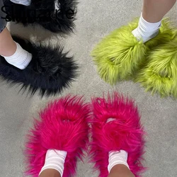 Fuzzy Slides Luxury Fur Slippers Women Open Toe Raccoon Fur Slides Woman Shoes Women Flat Half Slippers New Fluffy Spring Shoes