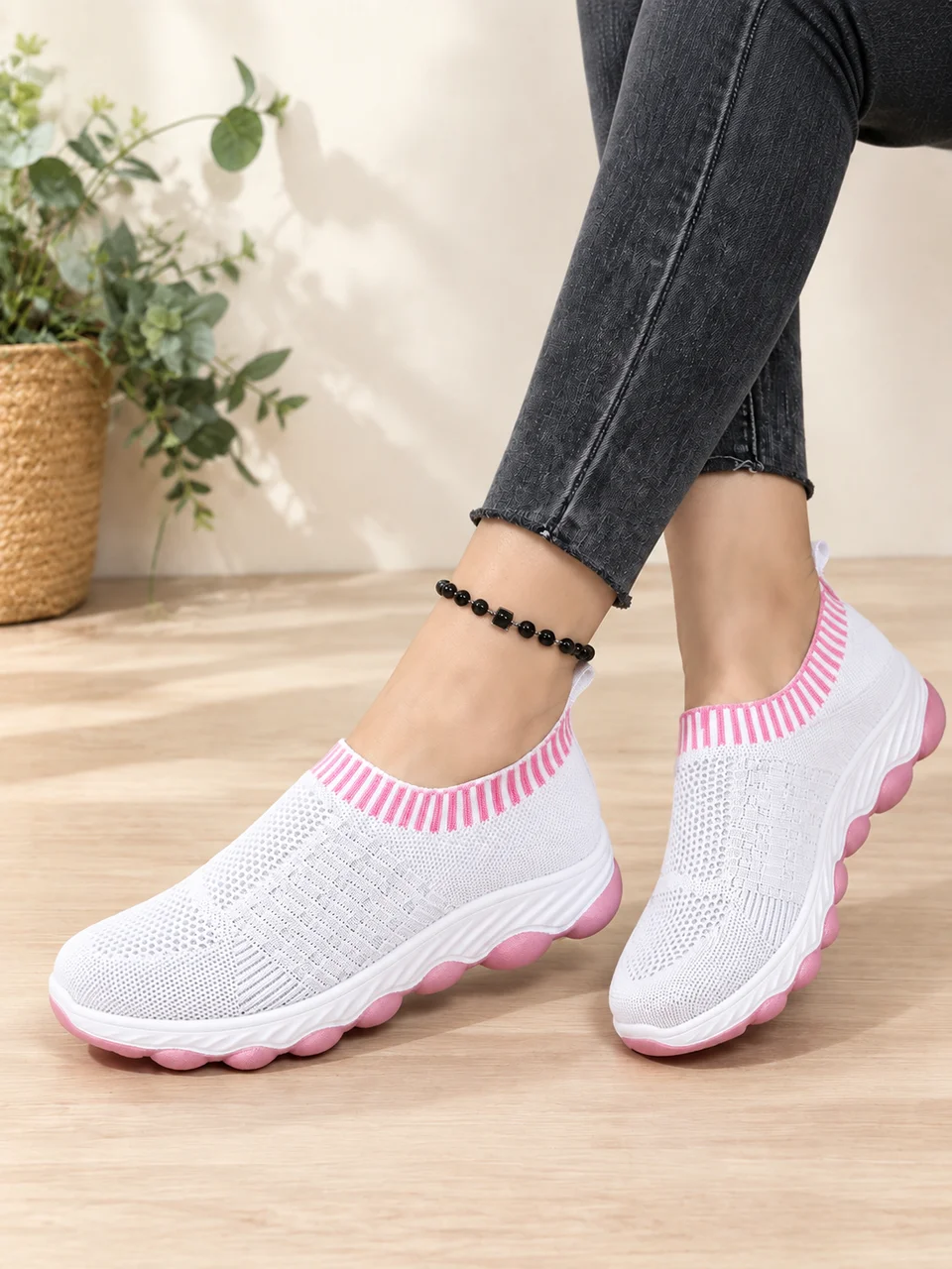 Frühling Herbst Damen Slip-On Strick-Wanderschuhe Atmungsaktives Mesh Rutschfeste Plattform Weiche Sohle Komfortable Orthopädische Freizeitsneaker – Detail 2