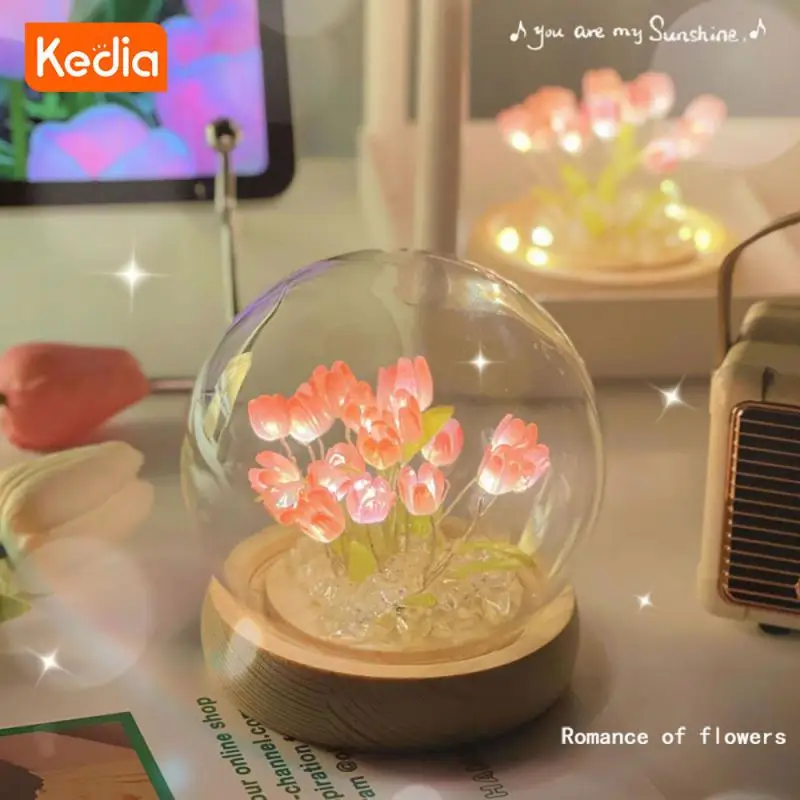 

Tulip Night Light LED Bedroom Soft Lights Birthday Tanabata Gift Girl Flower Atmosphere 3D Base Glass Lampshade Table Lamps