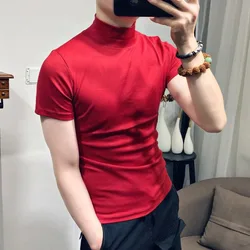 Korean Clothing Streetwear New Fashion Solid Color Men's Solid Undertale Turtleneck Short Sleeve T-Shirt Casual Tops Tee for Men