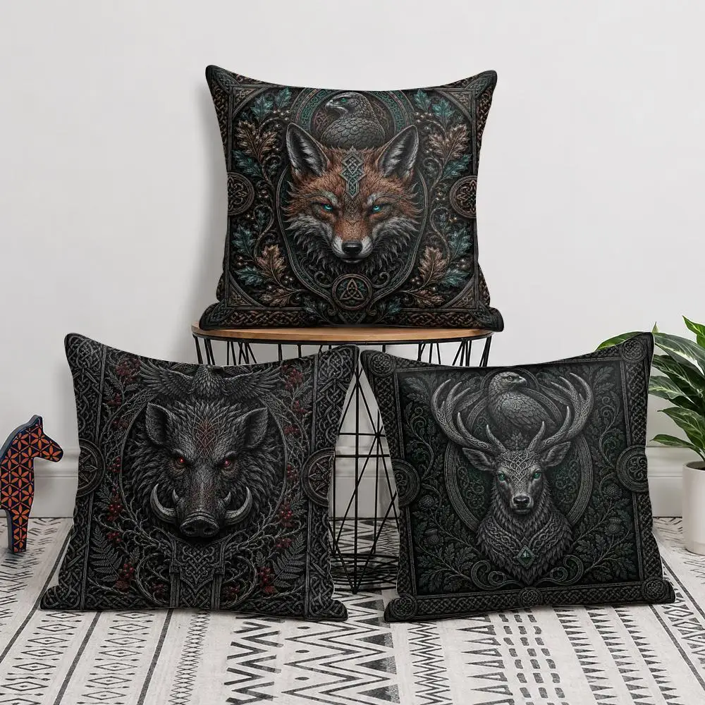 Dark Norse Animal Crest Cushion Cover Short Plush Soft Double-Sided Printing Pillow Case Cozy Sofa Bedroom Home Decor Gift