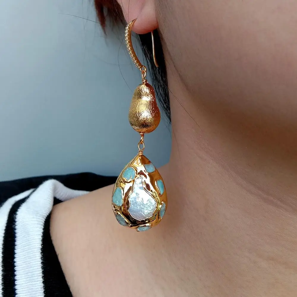 KKGEM  22x28mm  natural Blue larimar Pave Cultured White Pearl Teardrop Shape  Brushed Bead Dangle Hook Earrings