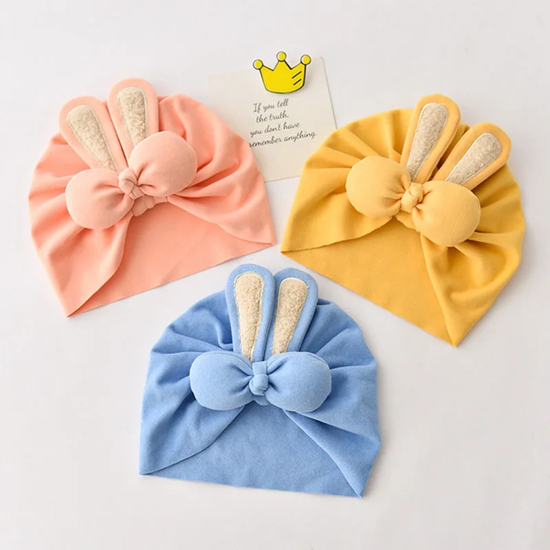 

Индийская шапка с милыми кроличьими ушками для новорожденных, весенне-осенняя детская шапка-тюрбан, платок для новорожденных от 0 до 1 года, эластичные шапочки, детские аксессуары для волос