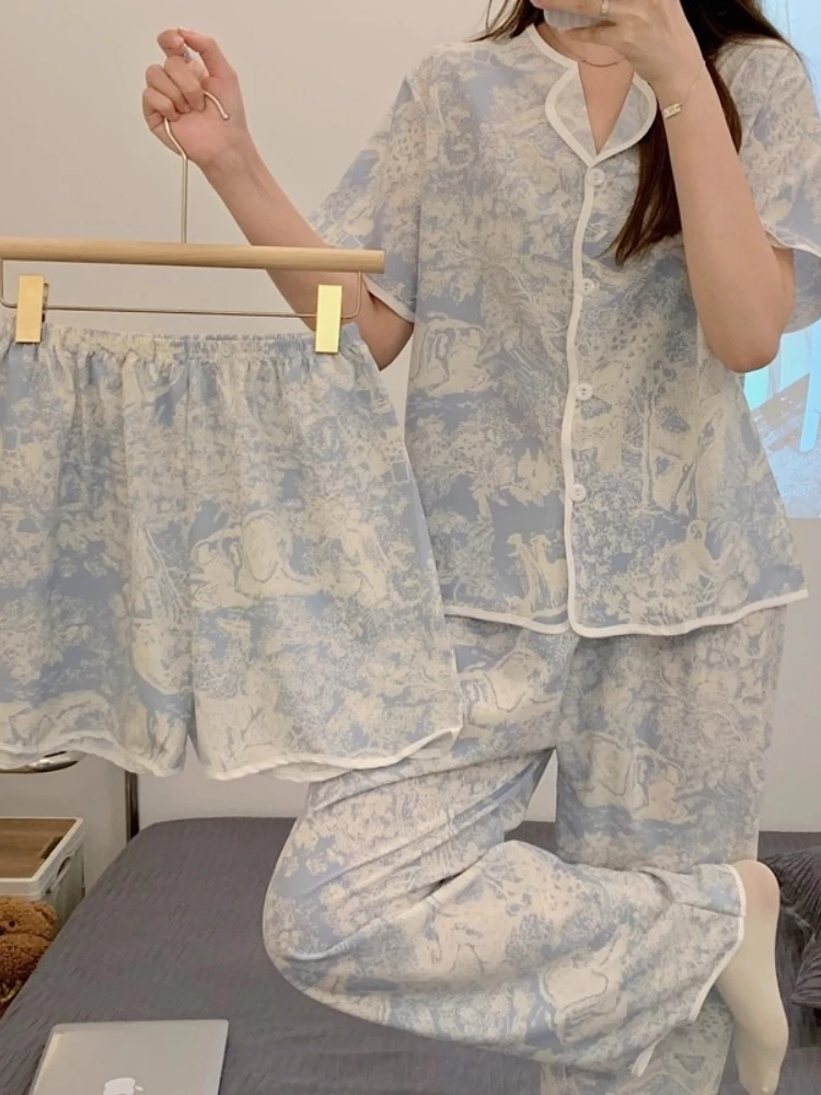 

Ice Silk Pajamas For Women Vintage Printed Short Sleeve Shorts Home Suit Lapel Shirt Pants Sets Casual Sleepwear Clothes Ladies