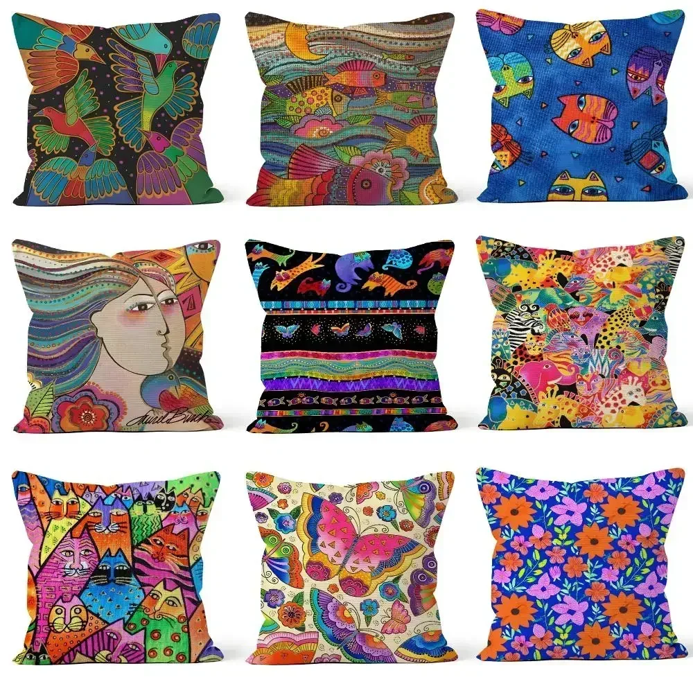 Artist Laurel Burch Fantastic Felines Cushion Cover Throw Pillow Soft Short Plush Cozy Colorfast For Sofa Bedroom Home Decor
