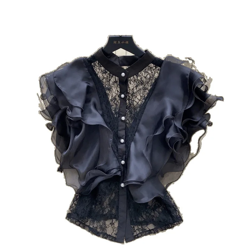 

A High-end, Court-style Sleeveless Shirt for Women with Summer Mesh Ruffled Lace Mesh and A Light Luxury and Unique Top Fashion