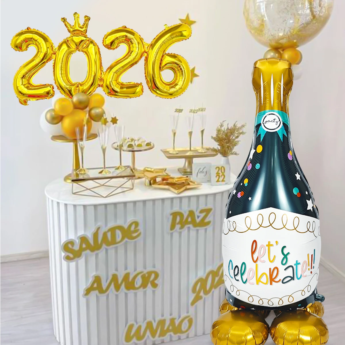 2 قطعة مجموعة زجاجات النبيذ للعام الجديد 2026، حفلة رأس السنة 2026، زينة ليلة رأس السنة الجديدة