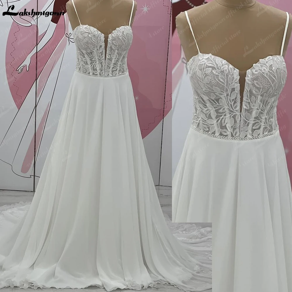 Lakshmigown Sweetheart A Line Wedding Dress 2025 Chiffon Spaghetti Straps Sweep Train Wedding Gown Customized Vestido De Noche