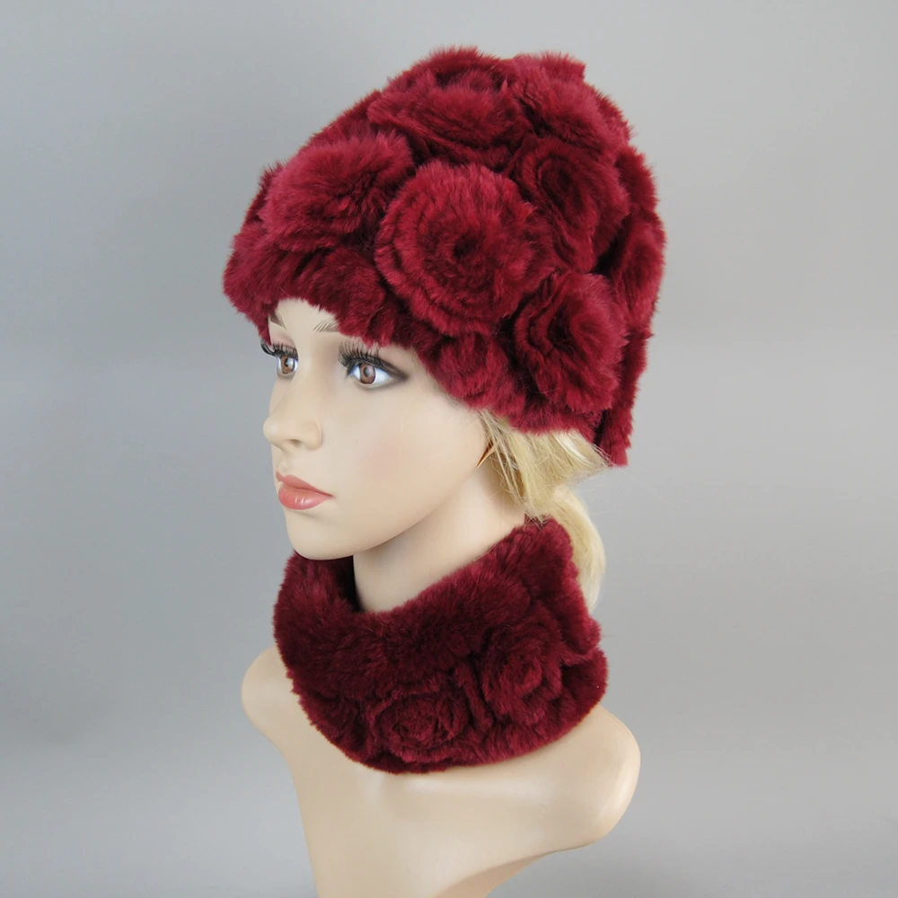 Gorro de piel de conejo Rex auténtica cálido para mujer, conjuntos de bufandas, gorro de piel de conejo Rex tejido para mujer, bufanda, gorro de piel auténtica rusa, 2 piezas