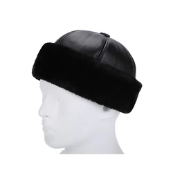 Winer Warm Real Cowhide Faux Fur Hats For Men Leather Retro Round Caps Male Casual Landlord Thin Bonnet Fashion Brimless Beanie