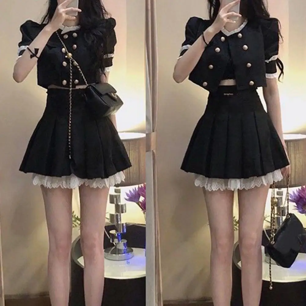 

2 Pcs/Set Women Tops Skirt Set High Waist Buttons Cardigan Tight Waists Big Hem Short Top Sweet Pleated Women Coat Skirt Suit