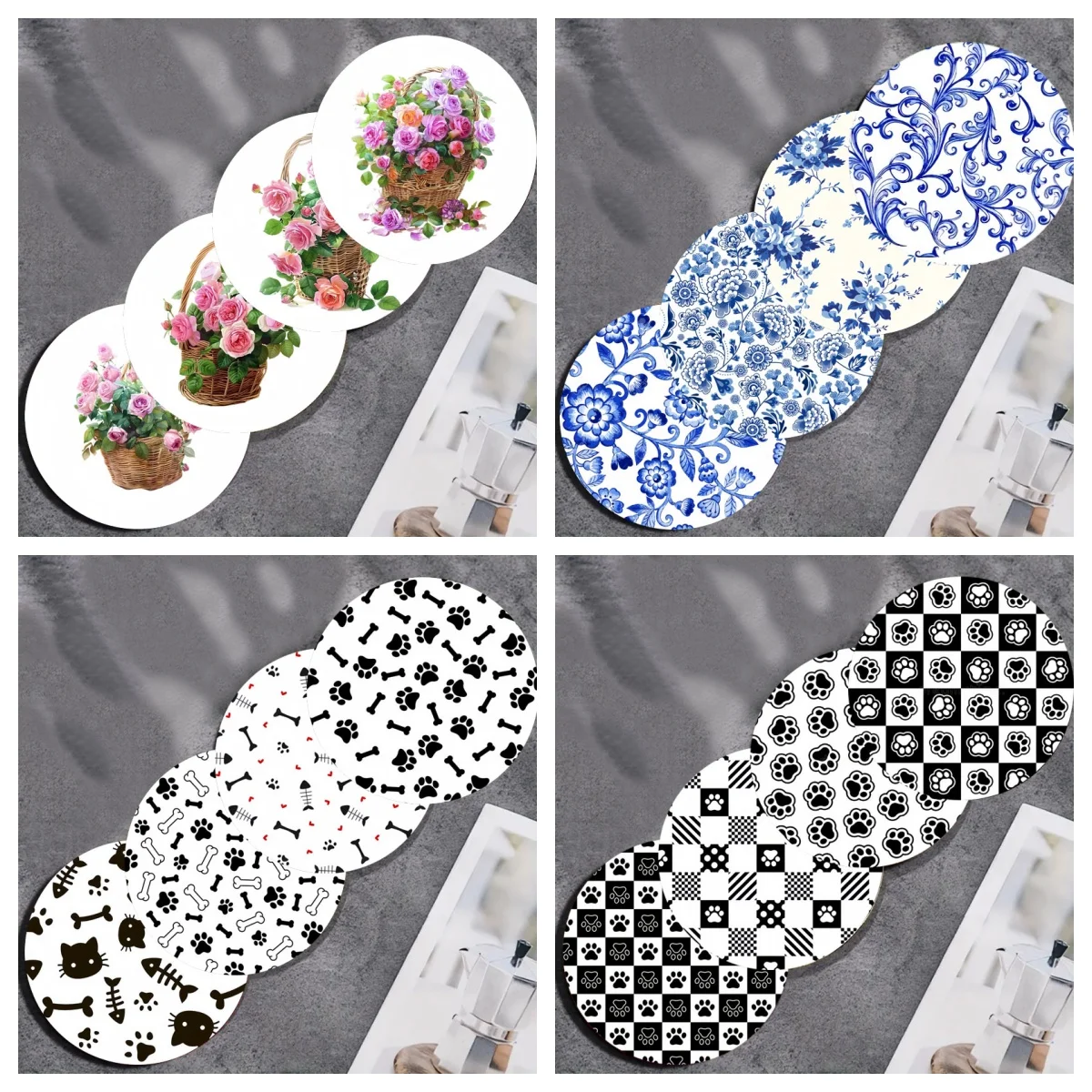 

4 pcs/set of special pattern and flower coasters, wooden anti-slip coasters, suitable for use in offices, bars and restaurants