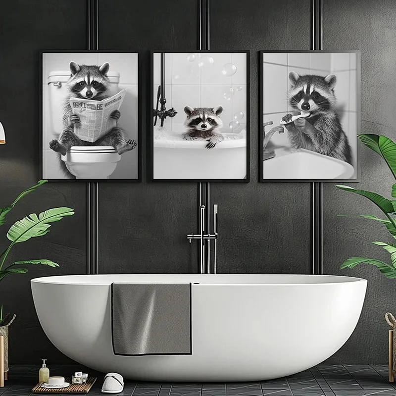 

Black and White Raccoon Bathroom Wall Art Canvas Paintings and Prints Cute Animal Posters for Living Room Home Decor Gifts