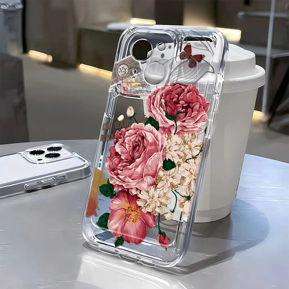 

Soft Flower Phone Case For iPhone 11 12 13 Case iPhone 15 14 16 Pro Max 16E XR X XS MAX 7 8 Plus SE 2020 Shockproof Clear Cover