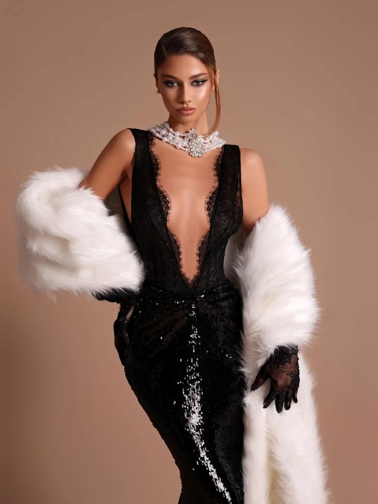 Opulent Black Lace Sequin Patchwork Evening Long Dresses – Deep V Neckline See-Though Women's Prom Party Vestidos