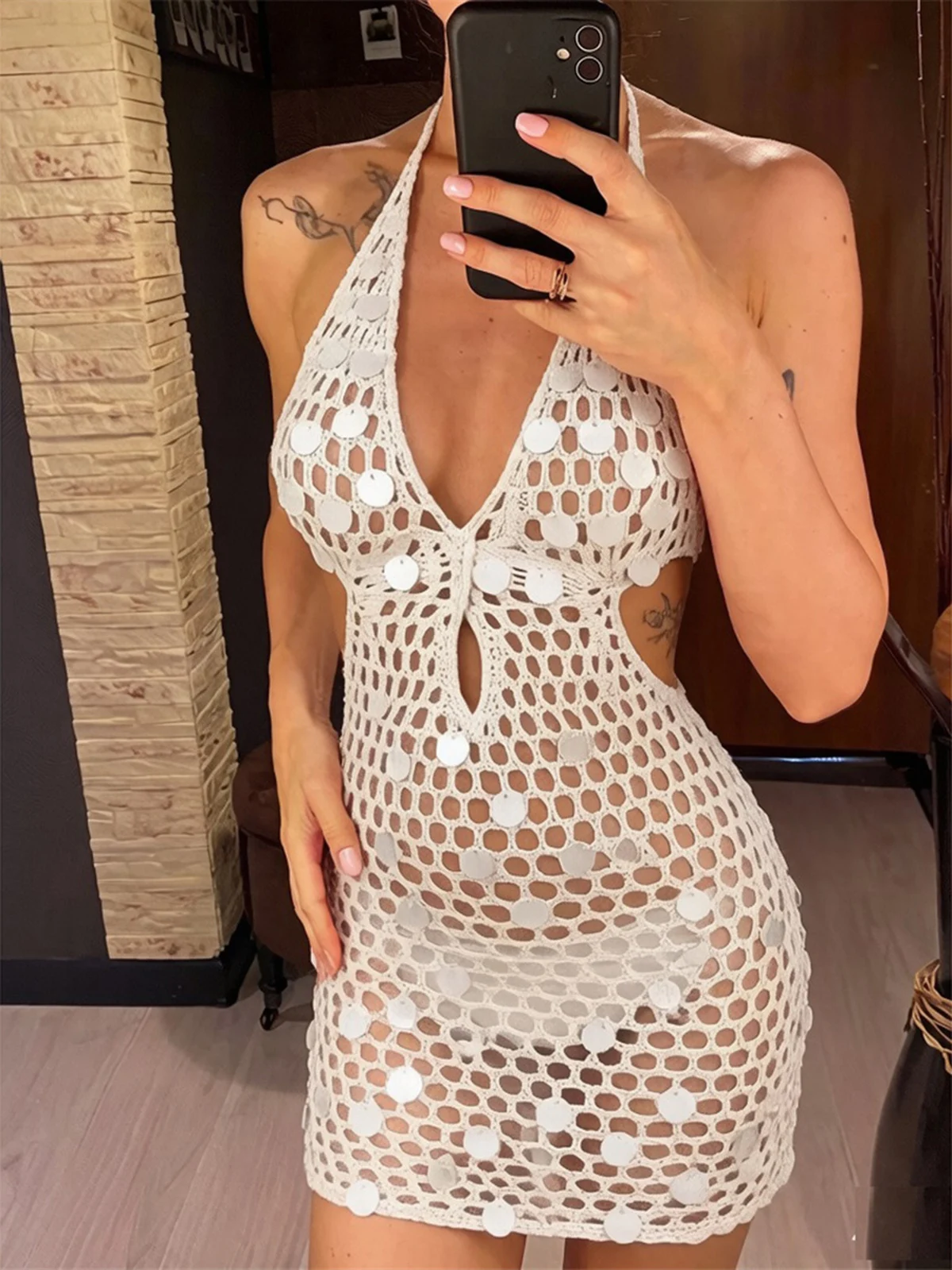 Halter Backless Hollow Out Crochet Knitted Tunic Beach Cover Up Women Cover-ups Beach Dress Beach Wear Beachwear Female CO42